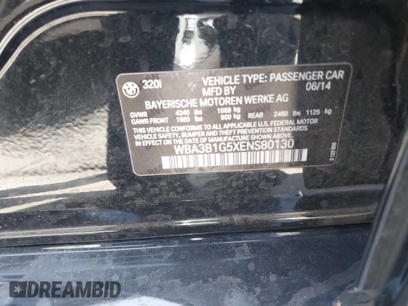 2014 BMW 3 Series 320i with VIN WBA3B1G5XENS80130, listed as a IAAI auction lot 42304306 with 125,743 mi miles and . Bid and sale history available at DreamBid. Image 9.