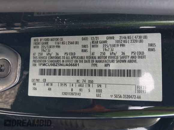2022 Ford Escape SE Hybrid z VIN 1FMCU9BZ5NUA06681, wystawiony jako IAAI lot #42302156 z przebiegiem 61 582 mil mil oraz . Historia ofert i sprzedaży dostępna na DreamBid. Obrazek 9.