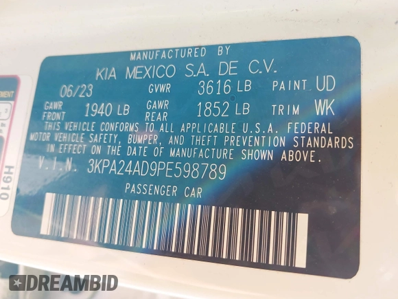 2023 Kia Rio LX with VIN 3KPA24AD9PE598789, listed as a IAAI auction lot 42019297 with 16,232 mi miles. Bid and sale history available at carsss.com. Image 9.