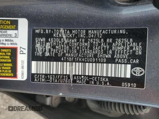 2012 Toyota Camry L with VIN 4T1BF1FK4CU091109, listed as a Copart auction lot 55153205 with 204,847 mi miles and Clean Title. Bid and sale history available at carsss.com. Image 12.