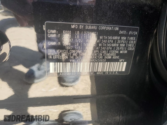 2024 Subaru Ascent Premium with VIN 4S4WMAED4R3420920, listed as a Copart auction lot 52218545 with 17,672 mi miles and Salvage title. Bid and sale history available at DreamBid. Image 13.