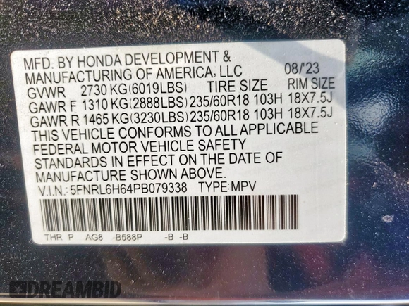 2023 Honda Odyssey EX-L с VIN 5FNRL6H64PB079338, выставлен на аукционе Copart как лот 57666505 с пробегом 39 807 миль миль и Списание • Salvage title. История ставок и продаж доступна на DreamBid. Изображение 13.