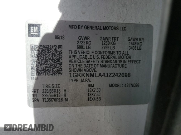 2018 GMC Acadia SLT with VIN 1GKKNMLA4JZ242698, listed as a Copart auction lot 89387345 with 62,513 mi miles and Salvage Title. Bid and sale history available at DreamBid. Image 16.