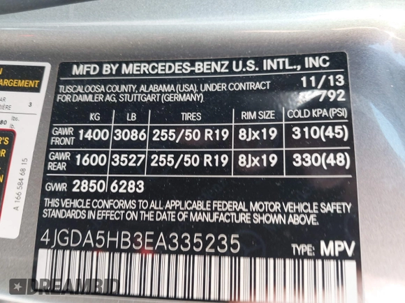 2014 Mercedes-Benz M 350 with VIN 4JGDA5HB3EA335235, listed as a IAAI auction lot 42150588 with 105,899 mi miles and . Bid and sale history available at DreamBid. Image 9.