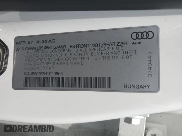 2017 Audi A3 Sedan Premium with VIN WAUB8GFF3H1020963, listed as a Copart auction lot 52640554 with 51,820 mi miles. Bid and sale history available at carsss.com. Image 12.