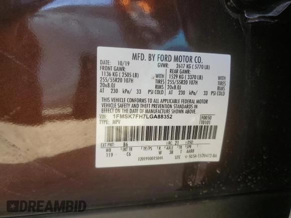 2020 Ford Explorer Limited with VIN 1FMSK7FH7LGA88352, listed as a Copart auction lot 49730515 with 86,139 mi miles and Salvage Title. Bid and sale history available at carsss.com. Image 14.