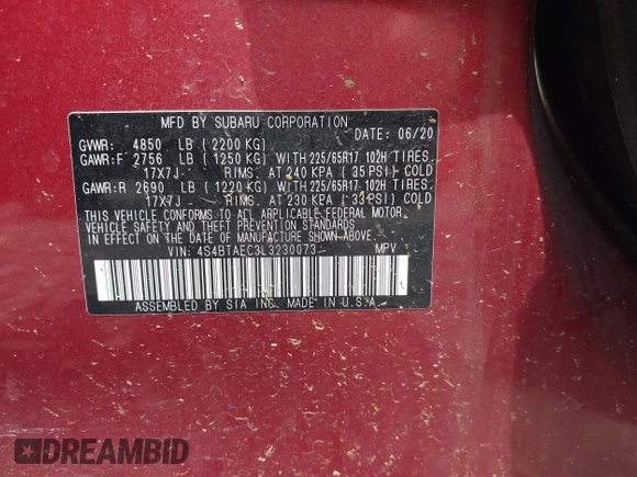 2020 Subaru Outback Premium with VIN 4S4BTAEC3L3230073, listed as a IAAI auction lot 42191917 with 47,662 mi miles and . Bid and sale history available at DreamBid. Image 9.