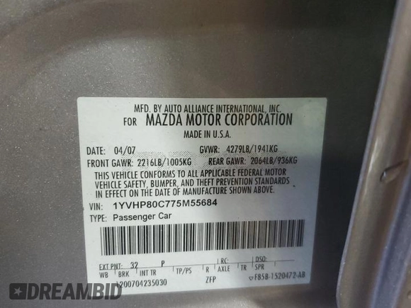 2007 Mazda 6 i Touring with VIN 1YVHP80C775M55684, listed as a Copart auction lot 50104955 with 49,608 mi miles and Salvage Title. Bid and sale history available at DreamBid. Image 12.