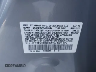 2016 Honda Pilot EX with VIN 5FNYF5H35GB009107, listed as a IAAI auction lot 41753477 with 93,677 mi miles. Bid and sale history available at carsss.com. Image 9.