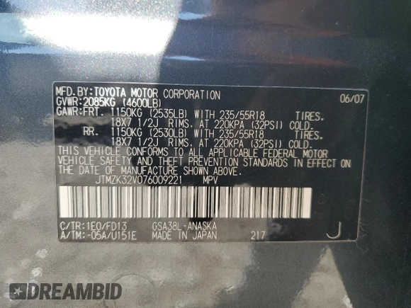 2007 Toyota RAV4 Sport z VIN JTMZK32V076009221, wystawiony jako Copart lot #75331574 z przebiegiem 214 017 mil mil oraz Szkoda całkowita • Salvage title. Historia ofert i sprzedaży dostępna na DreamBid. Obrazek 13.