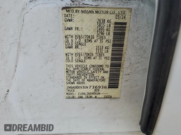 2014 Nissan Frontier S with VIN 1N6AD0EV3EN736936, listed as a Copart auction lot 47984885 with 214,211 mi miles and Salvage title. Bid and sale history available at DreamBid. Image 14.