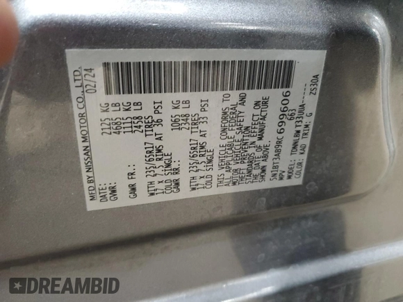2024 Nissan Rogue S with VIN 5N1BT3AB9RC699606, listed as a Copart auction lot 53701385 with 31,471 mi miles and Salvage Title. Bid and sale history available at DreamBid. Image 12.