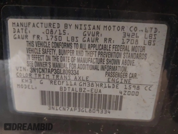 2016 Nissan Versa S with VIN 3N1CN7AP3GL809334, listed as a IAAI auction lot 42517111 with 81,810 mi miles and . Bid and sale history available at DreamBid. Image 9.