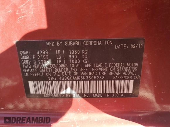 2019 Subaru Impreza Special Sports with VIN 4S3GKAM65K3605288, listed as a Copart auction lot 54661485 with 20,135 mi miles and Salvage title. Bid and sale history available at DreamBid. Image 12.
