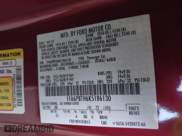 2019 Ford Mustang EcoBoost z VIN 1FA6P8TH6K5186130, wystawiony jako IAAI lot #42324251 z przebiegiem 82 674 mil mil oraz . Historia ofert i sprzedaży dostępna na DreamBid. Obrazek 9.