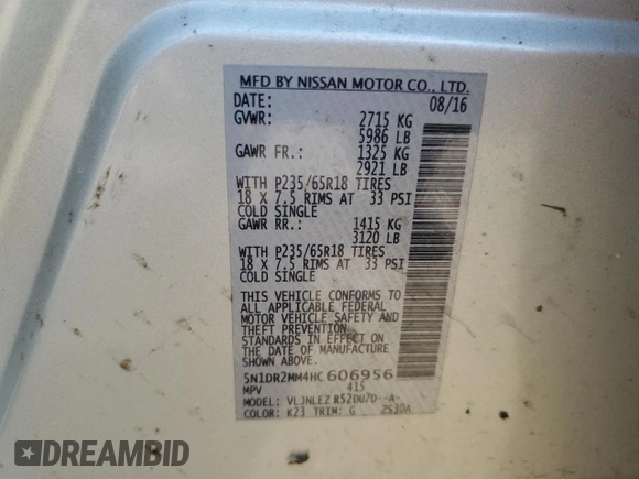2017 Nissan Pathfinder Platinum with VIN 5N1DR2MM4HC606956, listed as a Copart auction lot 62236605 with 124,820 mi miles and Clean title. Bid and sale history available at DreamBid. Image 13.