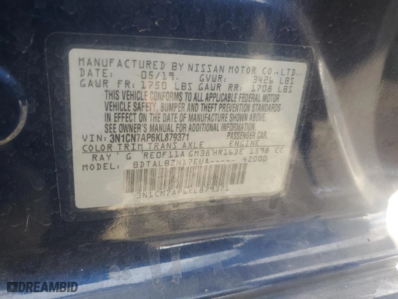 2019 Nissan Versa Sedan SV with VIN 3N1CN7AP6KL879371, listed as a Copart auction lot 48746635 with 40,378 mi miles and Salvage Title. Bid and sale history available at carsss.com. Image 12.