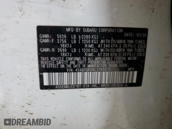2020 Subaru Outback Onyx XT with VIN 4S4BTGKD6L3165610, listed as a Copart auction lot 61408125 with 87,337 mi miles and Salvage title. Bid and sale history available at DreamBid. Image 14.