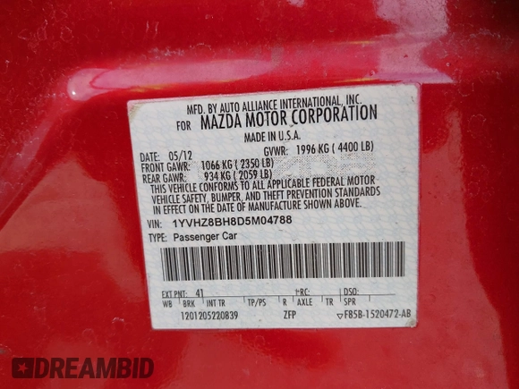 2013 Mazda 6 i Sport with VIN 1YVHZ8BH8D5M04788, listed as a IAAI auction lot 41932156 with 175,988 mi miles. Bid and sale history available at carsss.com. Image 9.
