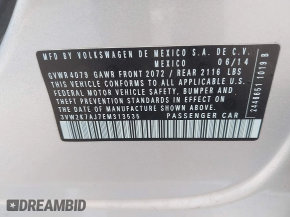 2014 Volkswagen Jetta S with VIN 3VW2K7AJ7EM313535, listed as a IAAI auction lot 41786112 with 63,694 mi miles and . Bid and sale history available at DreamBid. Image 9.