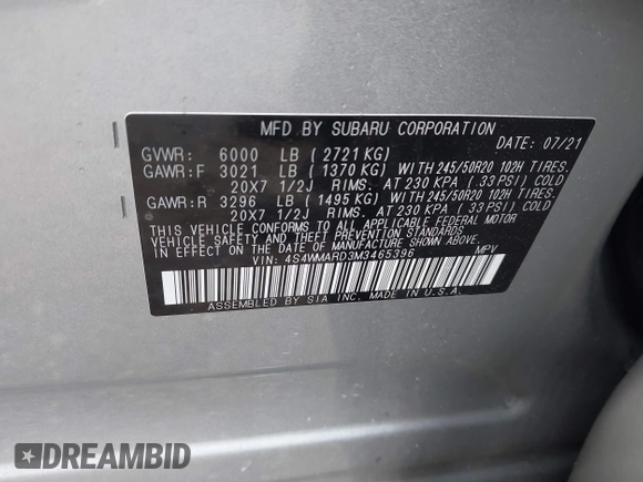 2021 Subaru Ascent Touring with VIN 4S4WMARD3M3465396, listed as a IAAI auction lot 42354850 with 94,783 mi miles and . Bid and sale history available at DreamBid. Image 9.