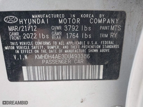 2013 Hyundai Elantra GLS PZEV with VIN KMHDH4AE3DU493386, listed as a IAAI auction lot 42038826 with 352,328 mi miles. Bid and sale history available at carsss.com. Image 9.