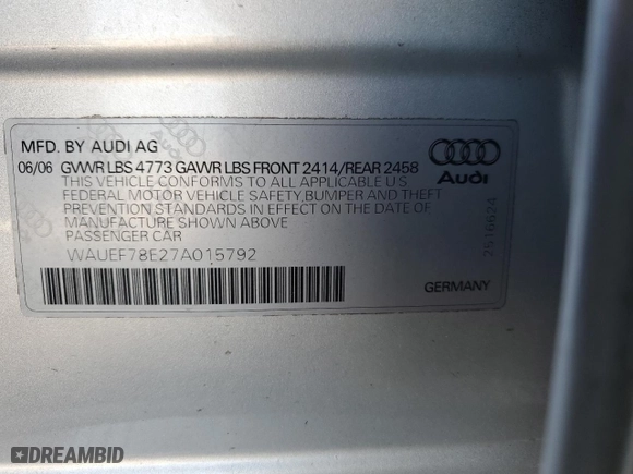 2007 Audi A4 2.0T with VIN WAUEF78E27A015792, listed as a Copart auction lot 79122954 with 219,691 mi miles and Salvage Title. Bid and sale history available at carsss.com. Image 13.