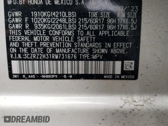 2024 Honda HR-V LX with VIN 3CZRZ2H31RM731676, listed as a Copart auction lot 54373325 with 9,848 mi miles and Salvage title. Bid and sale history available at DreamBid. Image 12.