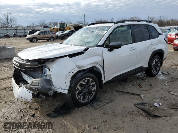 2025 Subaru Forester Premium with VIN JF2SLDDC8SH472092, listed as a Copart auction lot 85891554 with 1,466 mi miles and Salvage Title. Bid and sale history available at carsss.com. Image 1.
