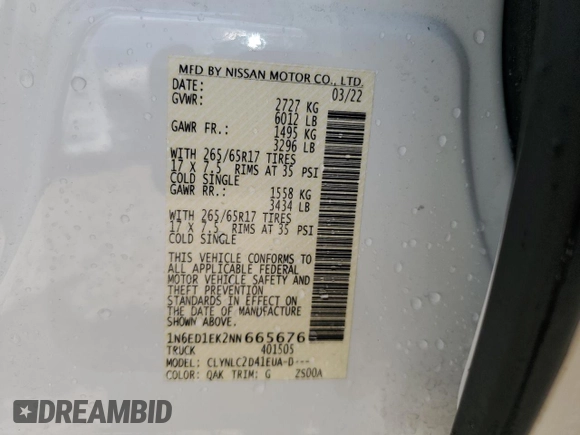 2022 Nissan Frontier Pro-4X with VIN 1N6ED1EK2NN665676, listed as a Copart auction lot 62033425 with 22,776 mi miles and Salvage title. Bid and sale history available at DreamBid. Image 13.