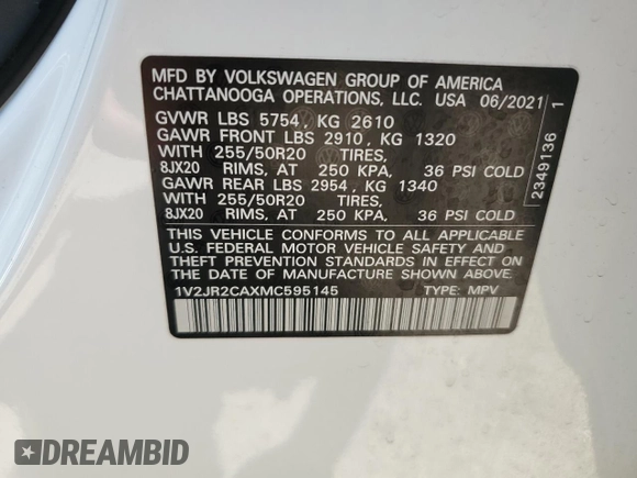 2021 Volkswagen Atlas SE с VIN 1V2JR2CAXMC595145, выставлен на аукционе Copart как лот 56428185 с пробегом 26 913 миль миль и Списание • Salvage title. История ставок и продаж доступна на DreamBid. Изображение 14.