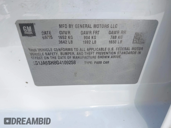 2016 Chevrolet Sonic LS with VIN 1G1JA6SH8G4109258, listed as a IAAI auction lot 41828834 with 95,222 mi miles and . Bid and sale history available at DreamBid. Image 9.