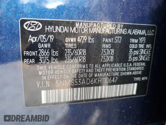 2019 Hyundai Santa Fe Limited with VIN 5NMS53AD6KH110647, listed as a Copart auction lot 46322555 with 102,299 mi miles and Salvage Title. Bid and sale history available at carsss.com. Image 14.
