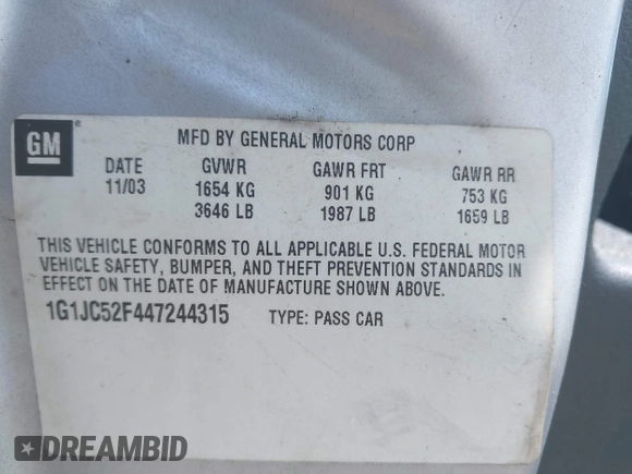 2004 Chevrolet Cavalier with VIN 1G1JC52F447244315, listed as a IAAI auction lot 42659084 with 183,315 mi miles and . Bid and sale history available at DreamBid. Image 9.