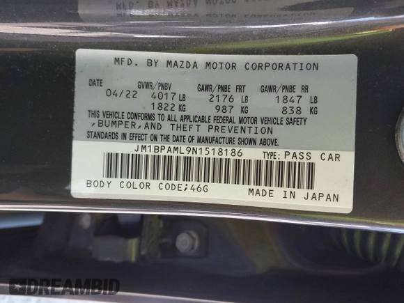 2022 Mazda Mazda3 Hatchback Premium with VIN JM1BPAML9N1518186, listed as a IAAI auction lot 42074112 with 23,722 mi miles. Bid and sale history available at carsss.com. Image 9.