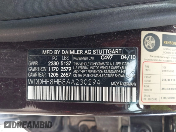 2010 Mercedes-Benz E 350 Luxury with VIN WDDHF8HB8AA230294, listed as a IAAI auction lot 42748785 with 132,469 mi miles and . Bid and sale history available at DreamBid. Image 9.