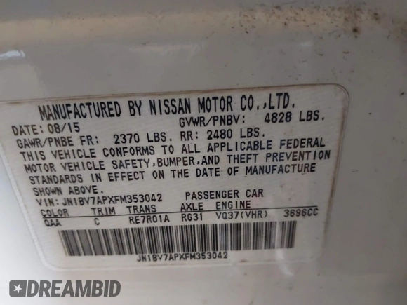 2015 Infiniti Q50 Premium with VIN JN1BV7APXFM353042, listed as a IAAI auction lot 42327460 with 108,497 mi miles and . Bid and sale history available at DreamBid. Image 9.
