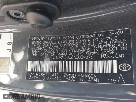 2010 Toyota Prius II with VIN JTDKN3DU6A0009876, listed as a IAAI auction lot 41928171 with 237,970 mi miles. Bid and sale history available at carsss.com. Image 9.