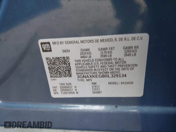 2024 Chevrolet Equinox LT with VIN 3GNAXKEG8RL329134, listed as a IAAI auction lot 41910999 with 8,616 mi miles. Bid and sale history available at carsss.com. Image 9.