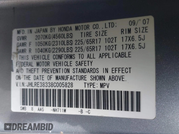 2008 Honda CR-V LX with VIN JHLRE38338C005828, listed as a IAAI auction lot 42042857 with 104,181 mi miles and . Bid and sale history available at carsss.com. Image 9.