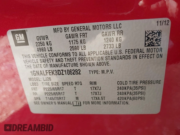 2013 Chevrolet Equinox LTZ with VIN 1GNALFEK3DZ106282, listed as a IAAI auction lot 42025898 with 157,119 mi miles. Bid and sale history available at carsss.com. Image 9.