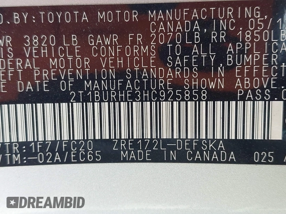 2017 Toyota Corolla L with VIN 2T1BURHE3HC925858, listed as a IAAI auction lot 42388175 with 101,057 mi miles and . Bid and sale history available at DreamBid. Image 9.