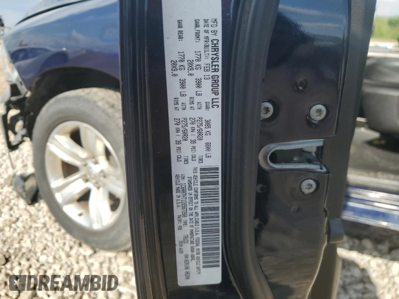2013 Ram 1500 Sport with VIN 1C6RR7HT1DS567260, listed as a Copart auction lot 58764005 with Not provided miles and Salvage title. Bid and sale history available at DreamBid. Image 12.