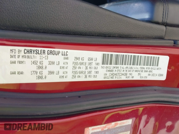 2014 Dodge Durango SXT with VIN 1C4RDHAG7EC344288, listed as a IAAI auction lot 41996170 with 200,110 mi miles and . Bid and sale history available at carsss.com. Image 9.