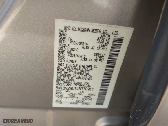 2004 Nissan Quest S with VIN 5N1BV28U14N370911, listed as a IAAI auction lot 41473696 with 1 mi miles. Bid and sale history available at carsss.com. Image 9.