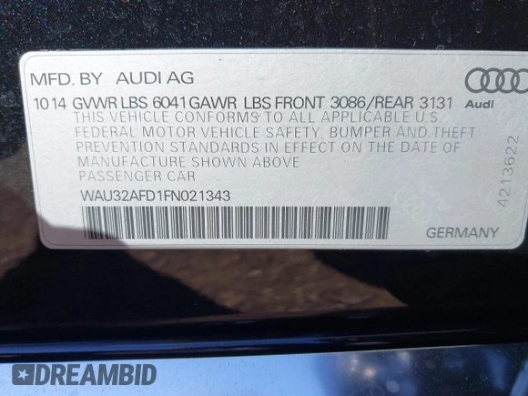 2015 Audi A8 L 4.0T with VIN WAU32AFD1FN021343, listed as a IAAI auction lot 41634469 with 88,229 mi miles. Bid and sale history available at carsss.com. Image 9.