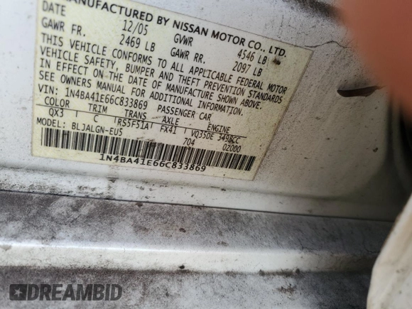 2006 Nissan Maxima 3.5 SE with VIN 1N4BA41E66C833869, listed as a Copart auction lot 69071744 with 103,854 mi miles and Salvage Title. Bid and sale history available at carsss.com. Image 12.