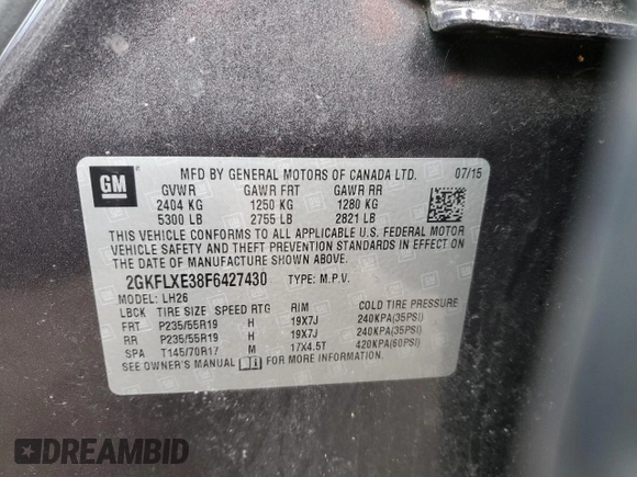 2015 GMC Terrain SLT with VIN 2GKFLXE38F6427430, listed as a Copart auction lot 88356225 with 73,414 mi miles and Salvage Title. Bid and sale history available at DreamBid. Image 15.