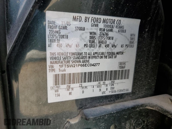 2006 Ford F-250 XL with VIN 1FTSW21P66EC04277, listed as a Copart auction lot 59732765 with 279,530 mi miles and Salvage title. Bid and sale history available at DreamBid. Image 13.