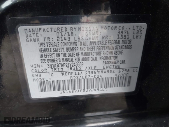 2018 Nissan Sentra S with VIN 3N1AB7AP2JY249669, listed as a IAAI auction lot 41896490 with 136,258 mi miles. Bid and sale history available at carsss.com. Image 9.